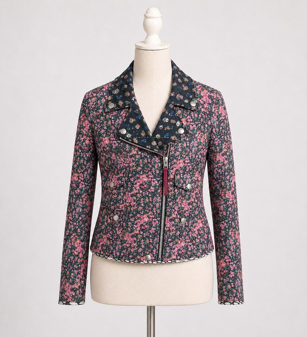Coach Quilted Chiffon Floral Moto Jacket Pink Green XS New!